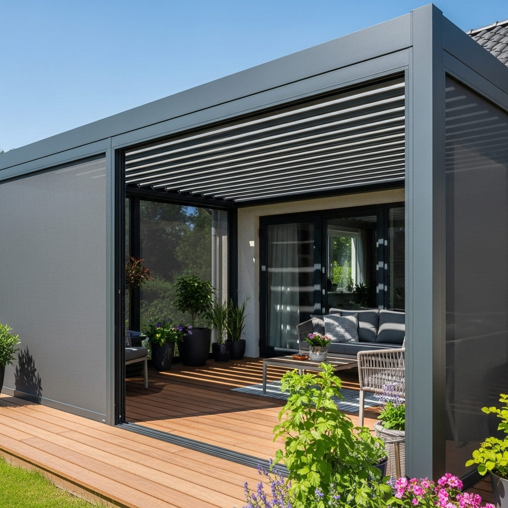 Bioklimatik pergola, zip perde ve cam sistemi